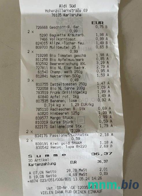 Niemcy Aldi Sud Supermarket szablon pokwitowania płatności PSD